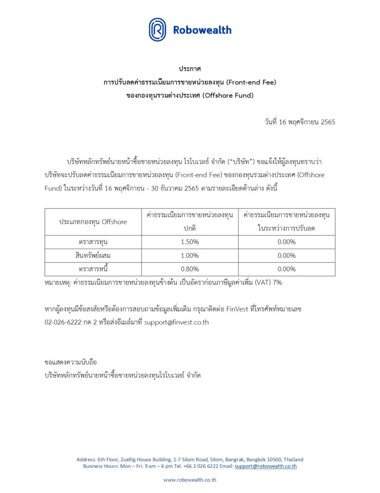 ประกาศปรับลด Frontend Fee กองทุน Offshore ในระหว่างวันที่ 16 พฤศจิกายน