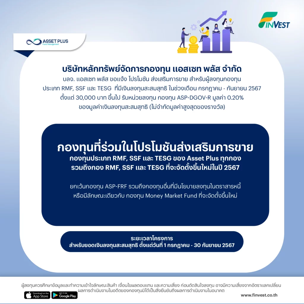 บลจ.แอสเซท พลัส ขอแจ้ง โปรโมชัน ส่งเสริมการขาย สำหรับผู้ลงทุนกองทุนประเภท RMF, SSF และ TESG ที่มีเงินลงทุนสะสมสุทธิ ในช่วงเดือน กรกฎาคม - กันยายน 2567 ตั้งแต่ 30,000 บาท ขึ้นไป รับหน่วยลงทุน กองทุน ASP-DGOV-R มูลค่า 0.20% ของมูลค่าเงินลงทุนสะสมสุทธิ (ไม่จำกัดมูลค่าสูงสุดของรางวัล)