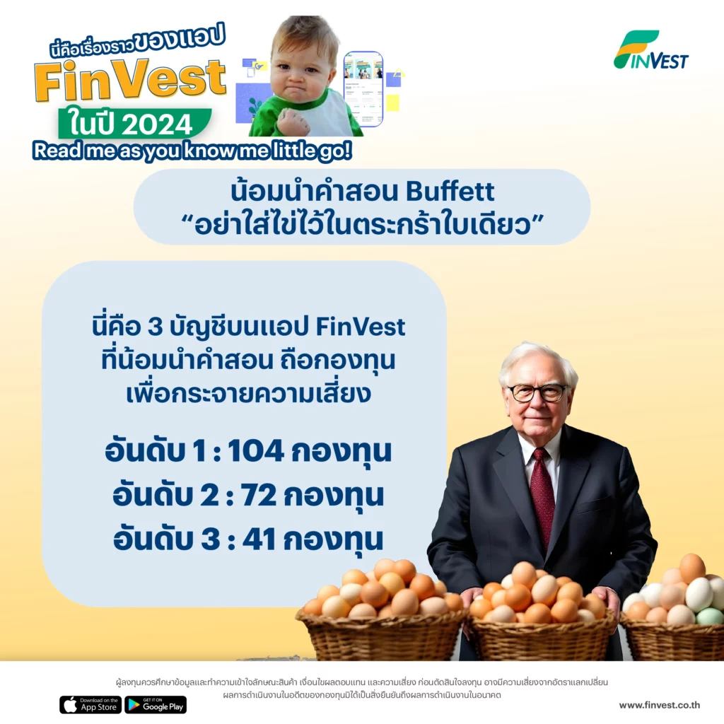 10. น้อมนำคำสอน Buffett “อย่าใส่ไข่ไว้ในตระกร้าใบเดียว”
นี่คือ 3 บัญชีบนแอป FinVest ที่น้อมนำคำสอน ถือกองทุนเพื่อกระจายความเสี่ยง
อันดับ 1 : 104 กองทุน
อันดับ 2 : 72 กองทุน
อันดับ 3 : 41 กองทุน